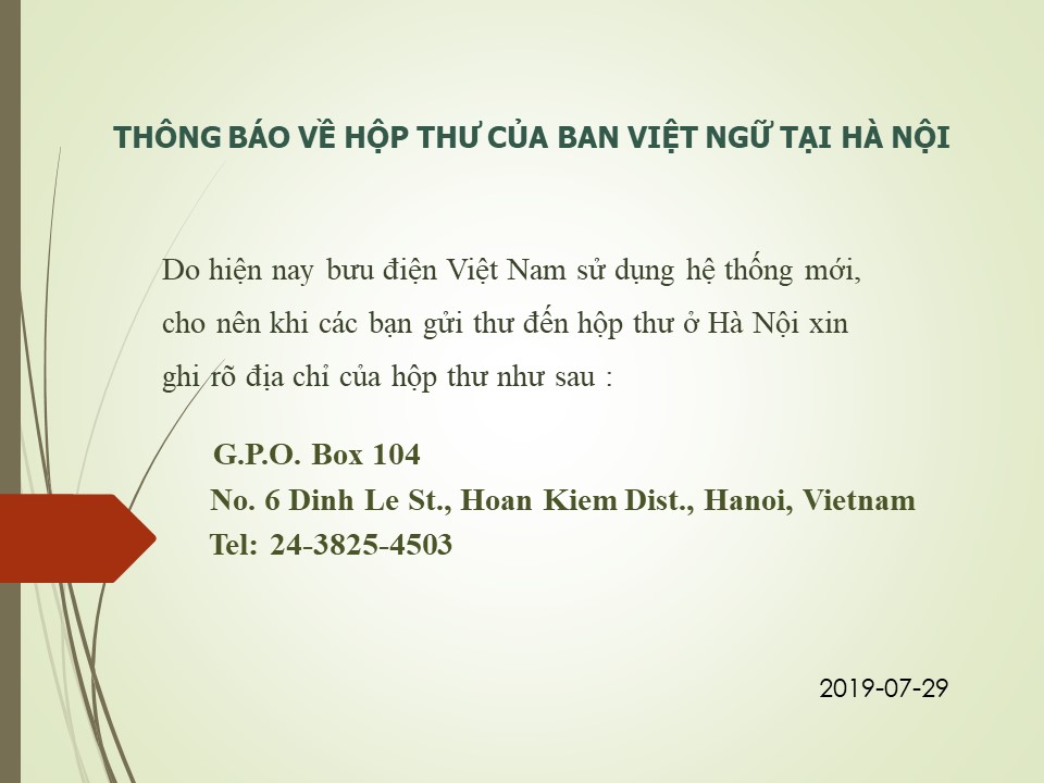 THÔNG BÁO VỀ HỘP THƯ CỦA BAN VIỆT NGỮ TẠI HÀ NỘI