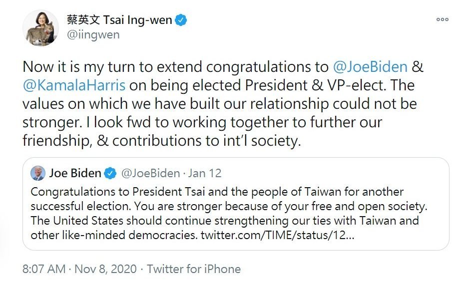 Tổng thống Thái Anh Văn đăng bài chúc mừng ông Biden đắc cử Tổng thống Hoa Kỳ trên Twitter, hi vọng trong tương lai Đài Loan và Mỹ có thể cùng nỗ lực để cống hiến cho xã hội quốc tế