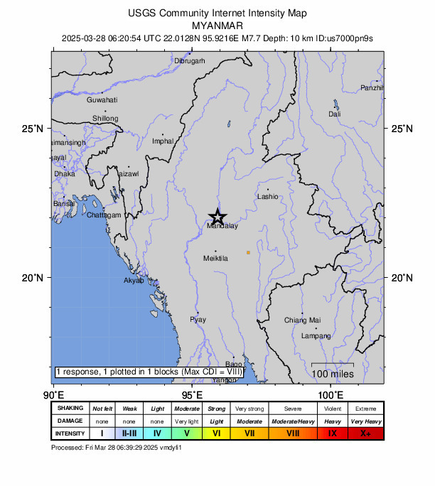 Myanmar xảy ra động đất 7,7 độ richter với tâm chấn ở độ sâu 10 km nằm gần thành phố Mandalay